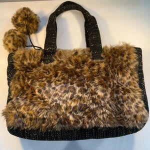 American & Beyond Print Faux Fur Animal Shoulder Bag With Pom Pom’s Zip Close